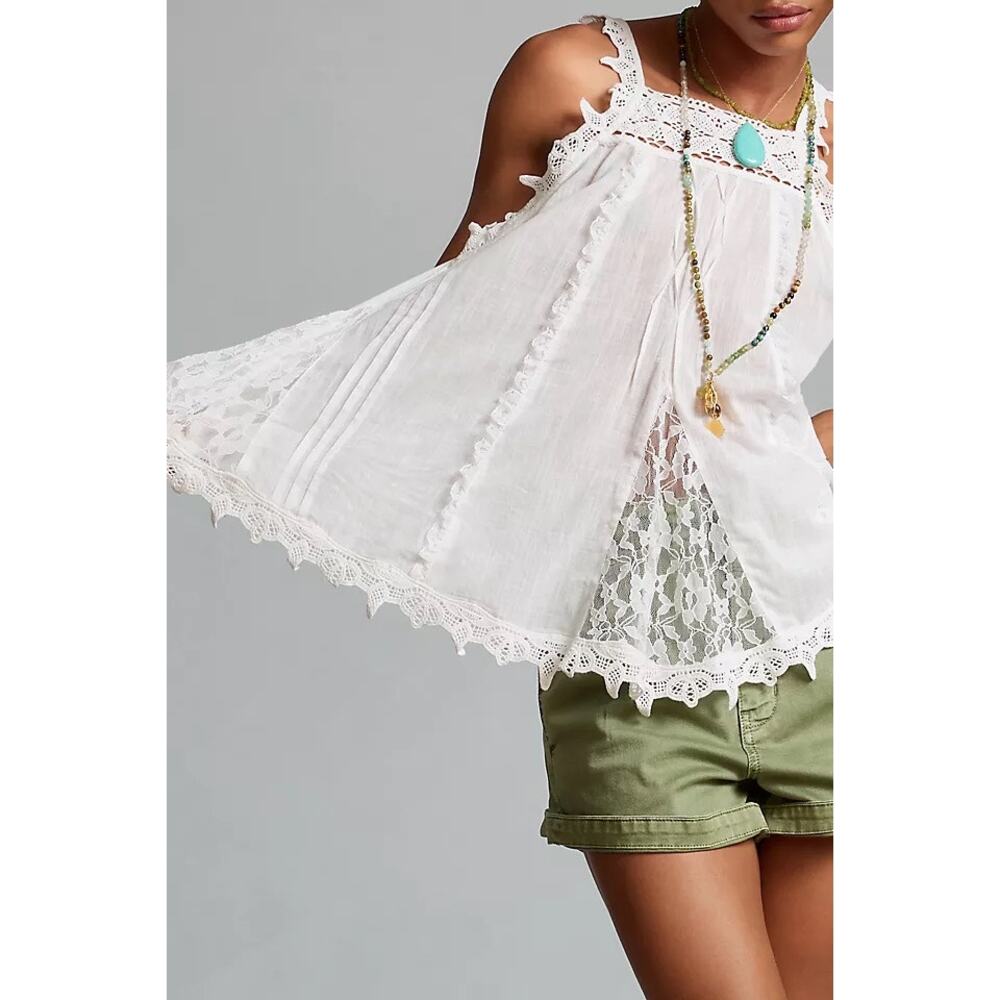 Anthropologie White Lace-Trim Sleeveless Halter Top - Picture 3 of 4